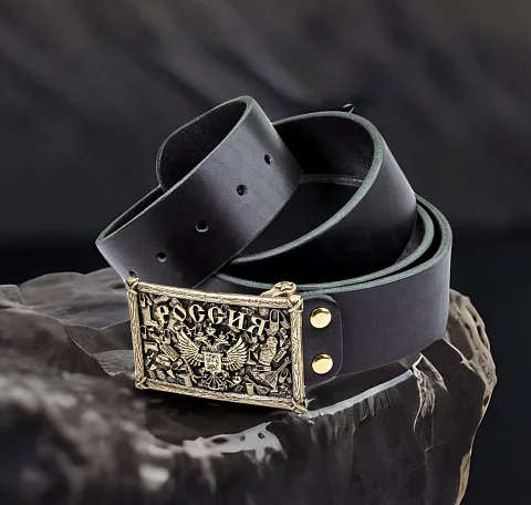 Ручная работа: Ремень из натуральной кожи «Герб РФ» с бронзовой пряжкой